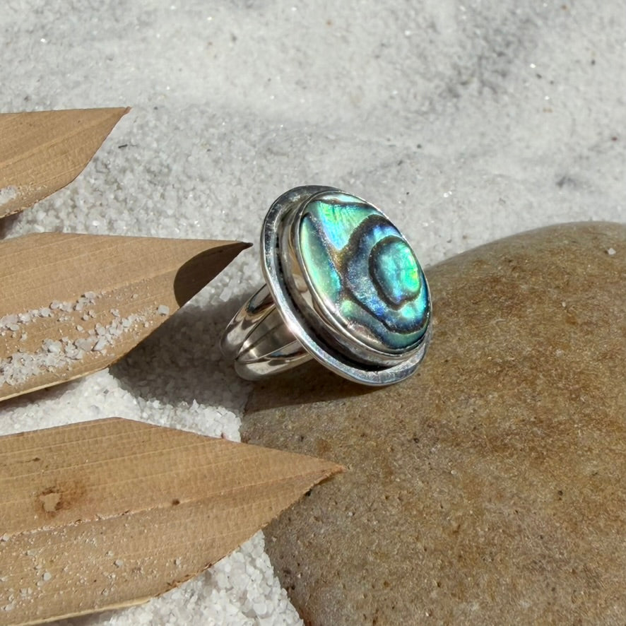 Double Band Oval Abalone Ring — Sterling Silver, Size 6.5