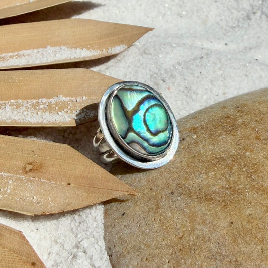 Double Band Oval Abalone Ring — Sterling Silver, Size 6.5