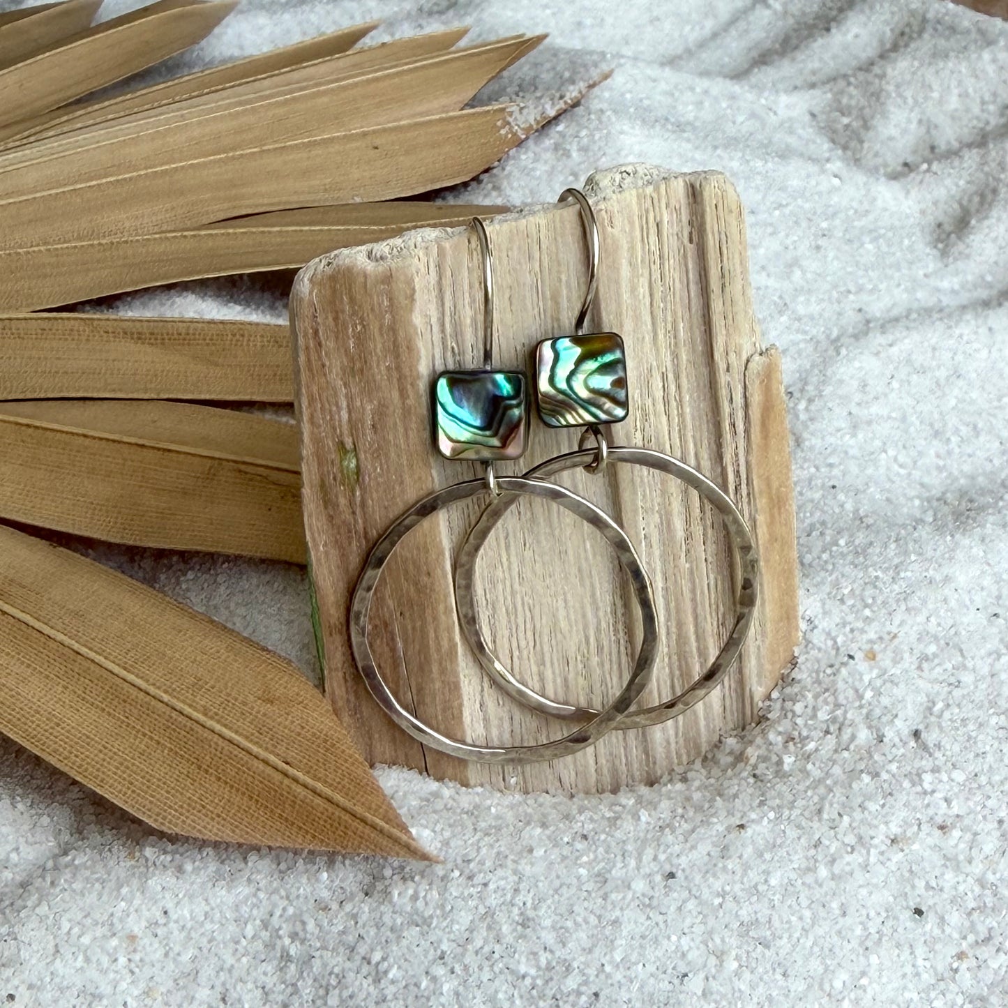 Hammered Hoop Earrings with Abalone — Sterling Silver