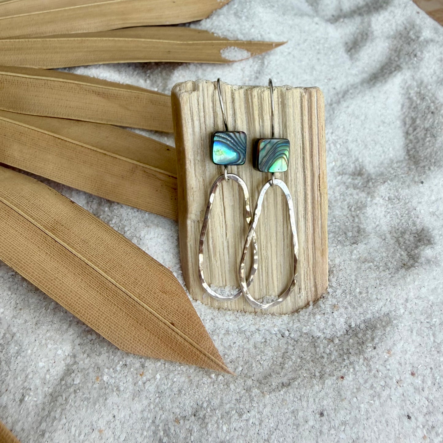 Hammered Teardrop Earrings with Abalone — Sterling Silver